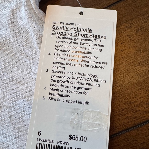 Lululemon Swiftly Pointelle Cropped Short Sleeve Tee White Size 6 NWT - Picture 4 of 4